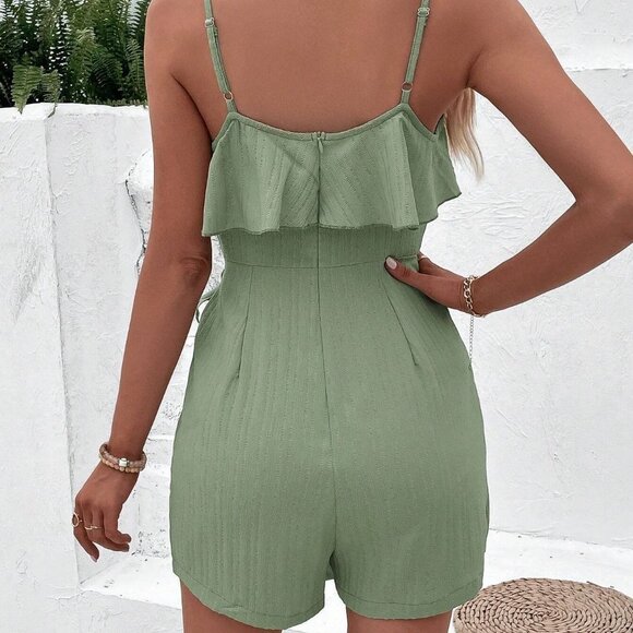 Green Ruffle Trim Wrap Knot Side Cami Romper - Picture 2 of 5